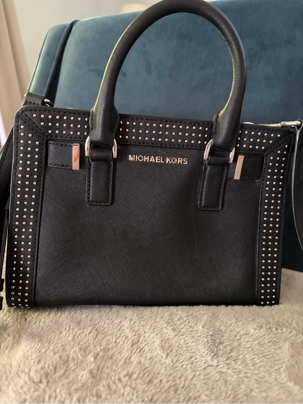 Michael Kors Black Studded Saffiano Satchel with silver Hardware